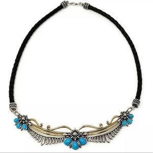 American West Sterling Silver Leather Brass Turquoise Braided Leather Necklace